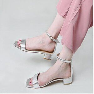 XYD Silver Open Toe Ankle Strap Buckled Low Chunky Heel Dress Sandals